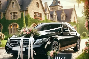 DALL·E 2024-11-07 13.16.11 - A stylish black luxury car, like a Mercedes or BMW, decorated elegantly for a wedding, parked in front of a beautiful venue with flowers, ribbons, and